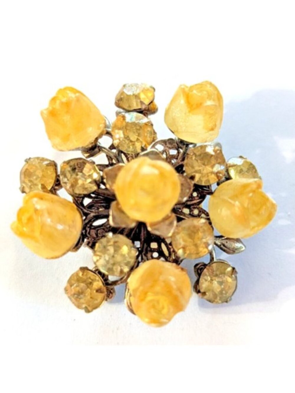 Vintage Floral Cluster Brooch Pale Yellow Rose Buds & Round Rhinestones Riveted
